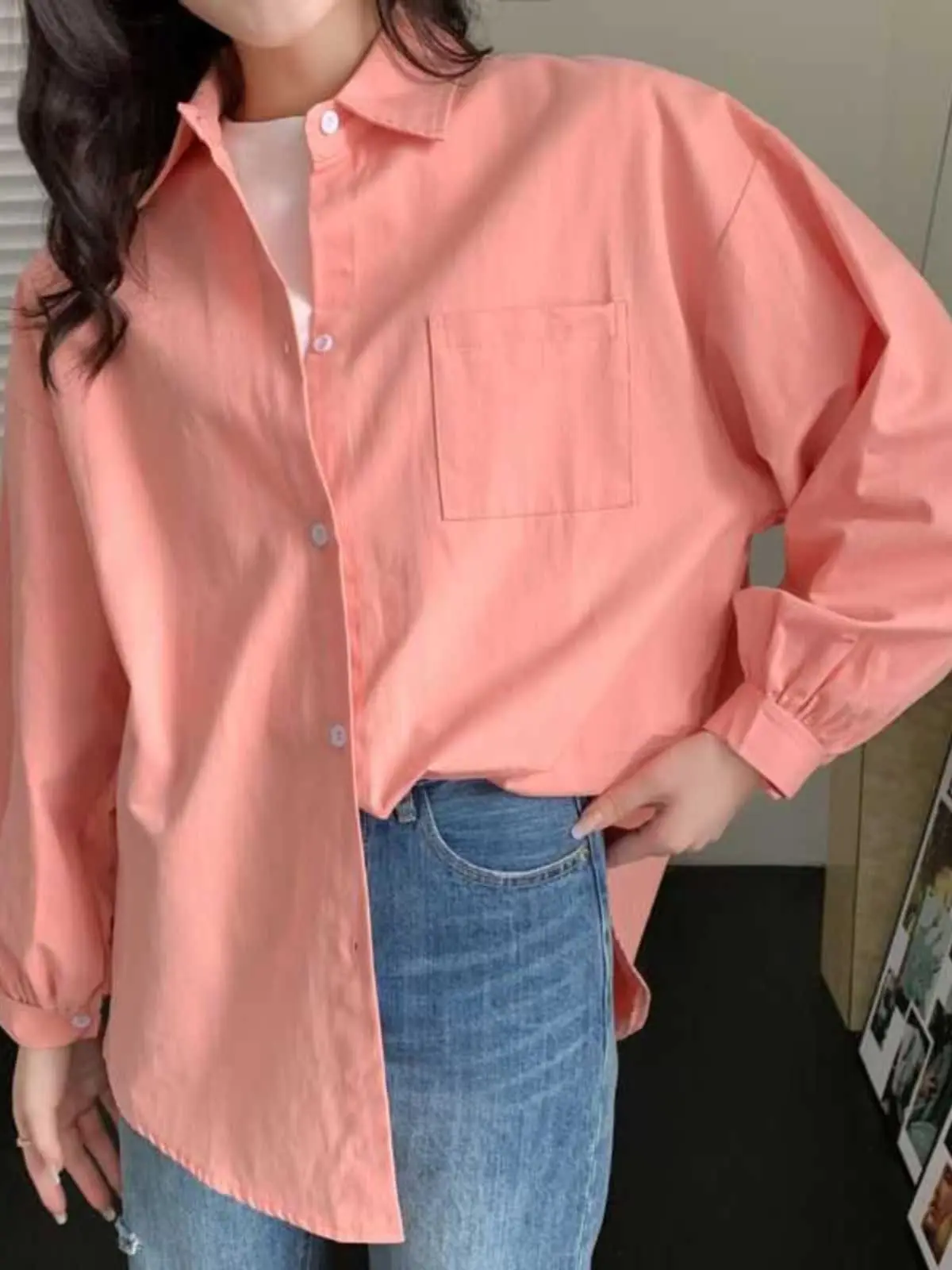 

Розовая свободная комфортная рубашка с длинным рукавом для похудения, весенне-летняя верхняя одежда, женская повседневная модная рубашка с воротником