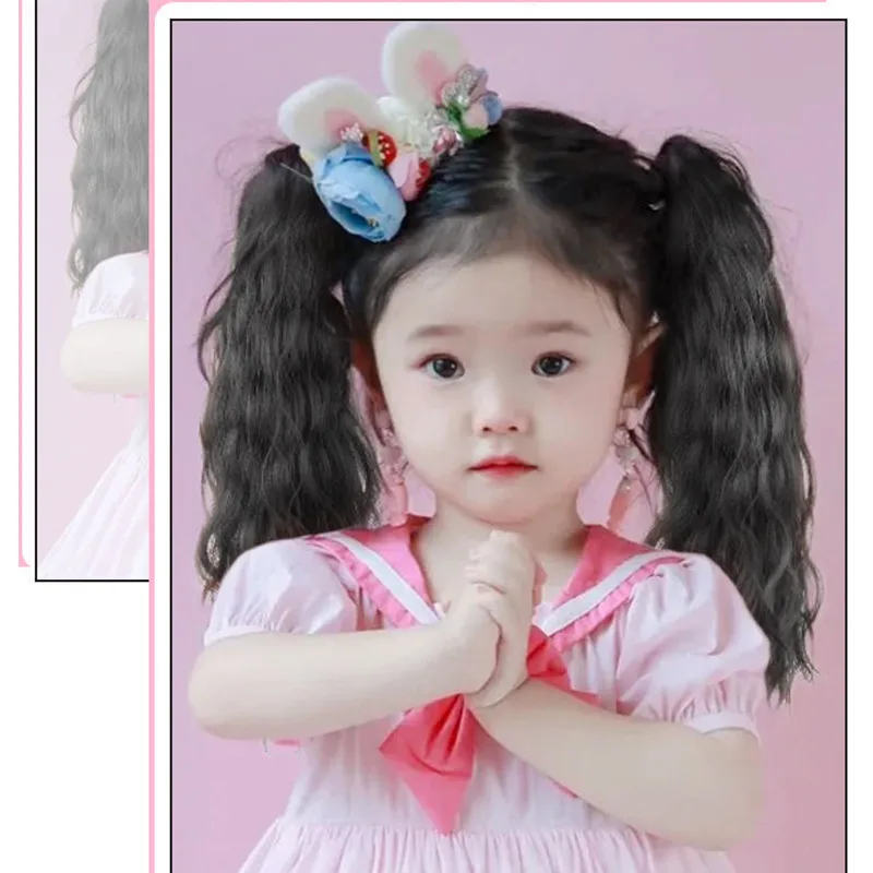 Cute Plait Kids Ponytail Wig Girl Strappy Long Curly Hair Pigtails Baby Corn Perm Chemical Fiber Double Ponytail Fake Braids