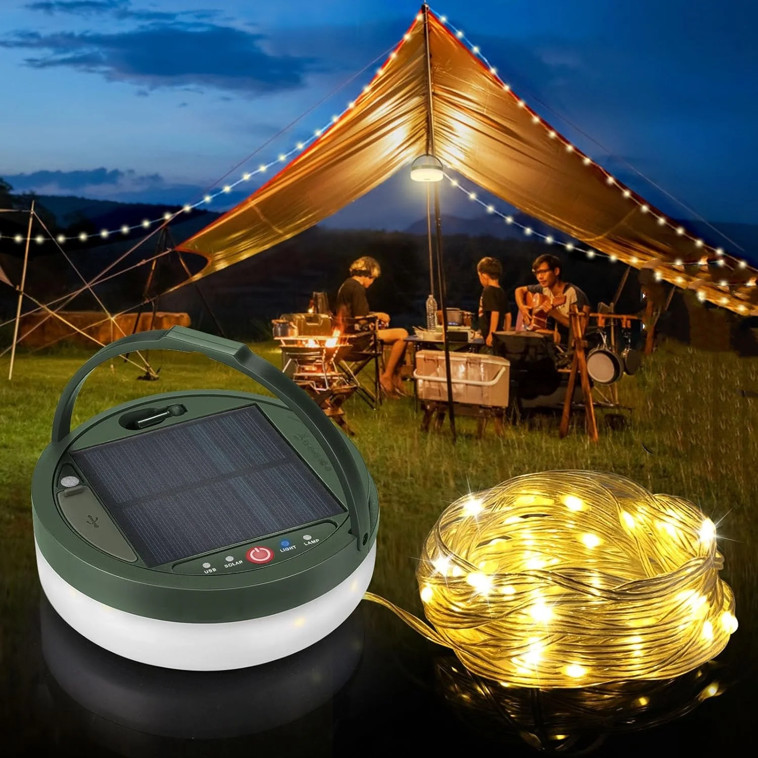 Solar LED String Lights IP65 Outdoor Garden Fairy Light 3 in 1 Camping String Lights with 5 Modes Solar/USB  Powered Tent Light