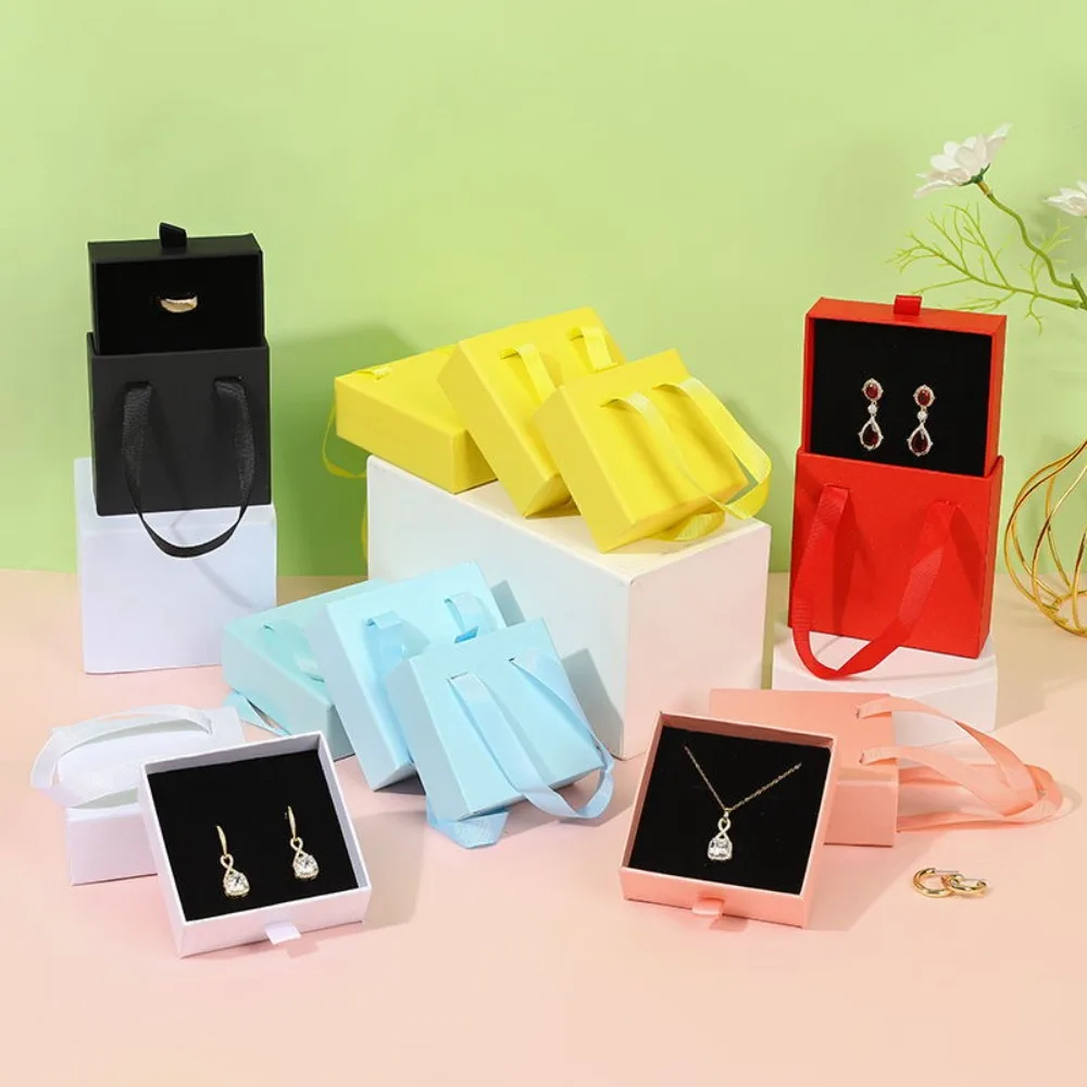 Ribbon Handle Jewelry Package Box Sliding With Handle Gift Box Cardboard Drawer Solid Color Jewelry Display Box Necklaces