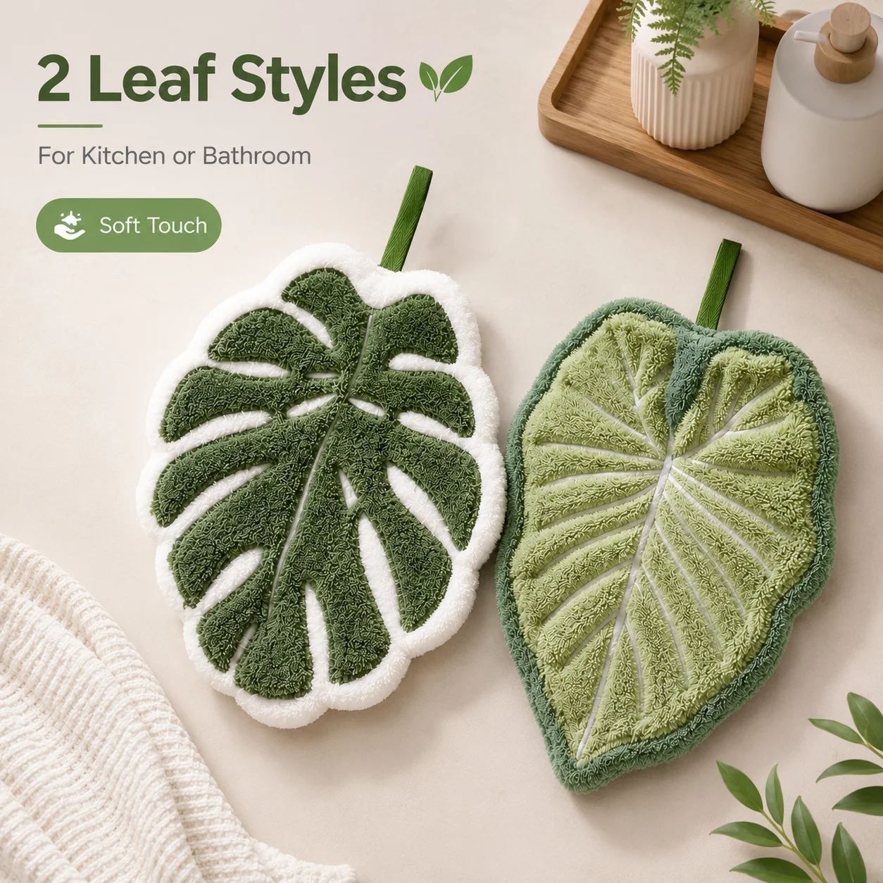 Leaf Shaped Hanging Hand Towel Absorbent Polyester Soft Hand Cloth for Kitchen Bathroom Sink Hook Decorative Green Plant Towel