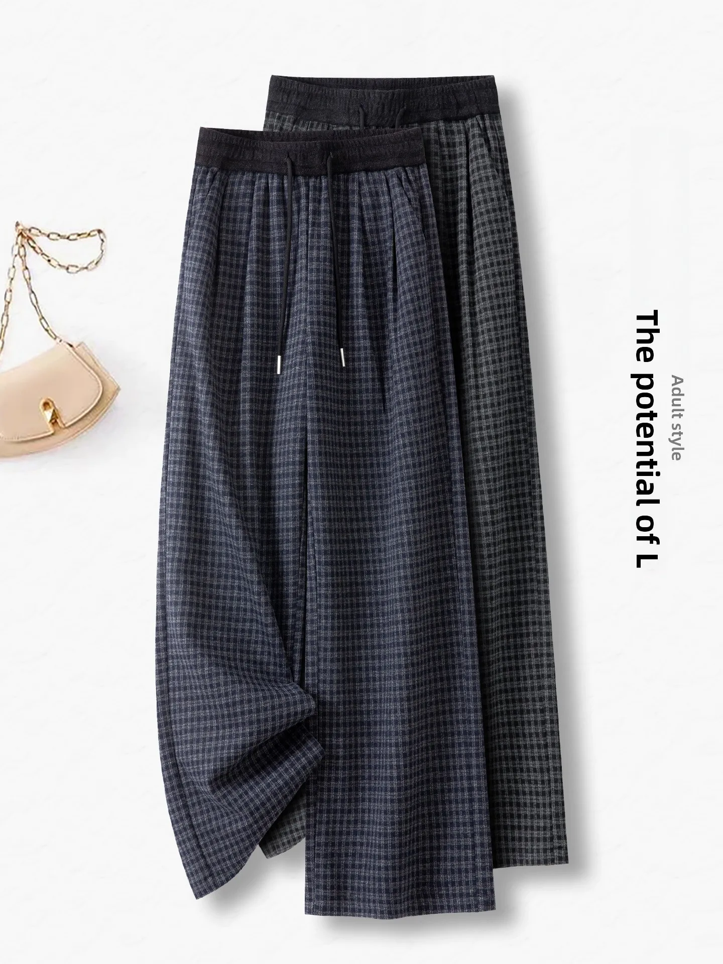 

High Waist Plaid Woolen Wide Leg Pants Women's Casual Loose Fit Straight Cut Trousers Autumn Winter New Style