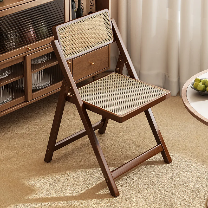 Folding Rattan Dining Chair Breathable Retro Balcony Leisure Seat for Home Office Outdoor Patio Use