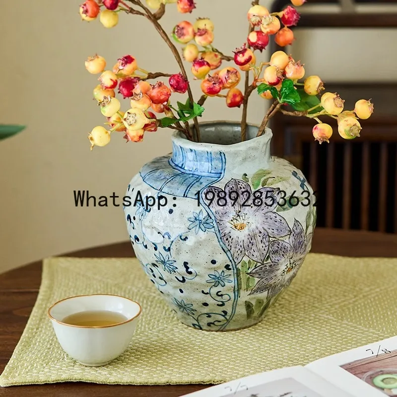 LYY Jingdezhen Original Blue and White Underglaze Creative Hand-painted Iris Sunflower Hydrangea Coarse Pottery Vintage Vase