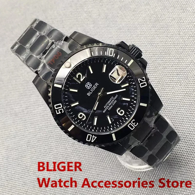 BLIGER New 40mm NH35 Automatic Mechanical Watch For Men Full Black Luminous Ceramic Bezel Sapphire Glass Reloj Hombre