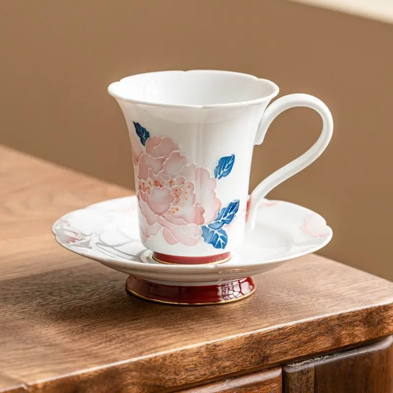 

Hand Drawn Gold Peony Coffee Cup And Plate Set For Women, High-End And Exquisite Mugs, High Aesthetic Ceramic Cups, Water Cups