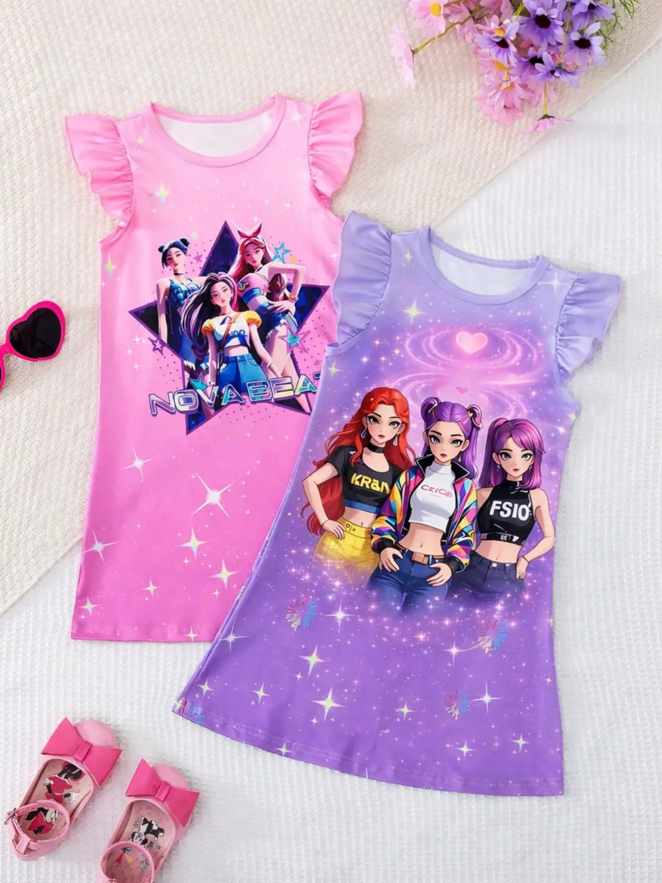 Girls' Summer Casual Dress, Children's Printed Dress, Pink and Purple Cartoon Print Dress, Two-Piece Set Suitable for Girls over 3 Years Old, Versatile Clothing for Home and Outings