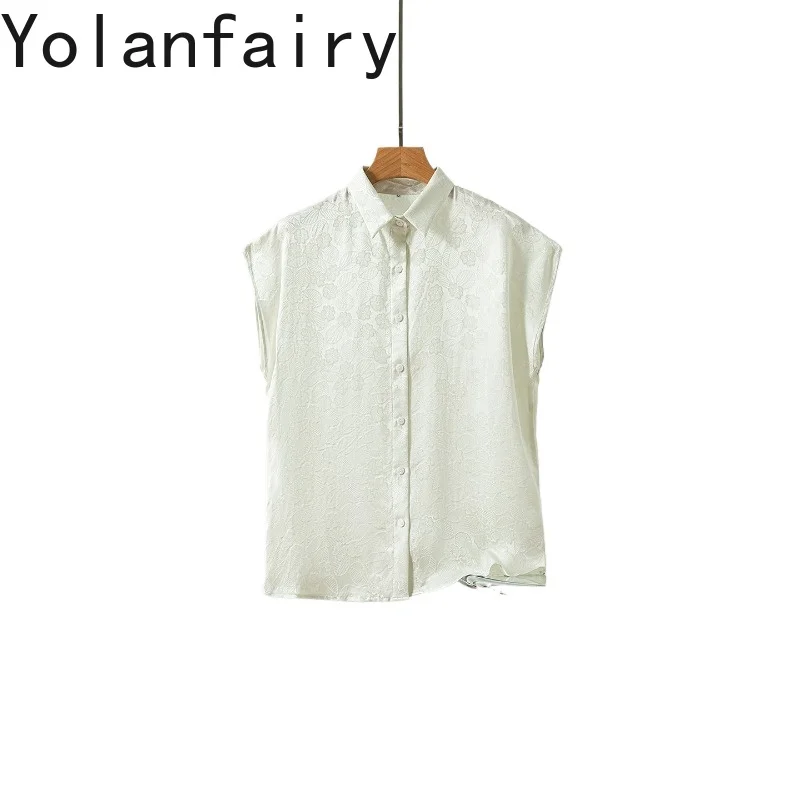 

YOLANFAIRY 100% Real Mulberry Silk T Shirts for Woman 2026 Summer Elegant Short Sleeve Tee Shirt Femme Jacquard OL Tops Tshirt