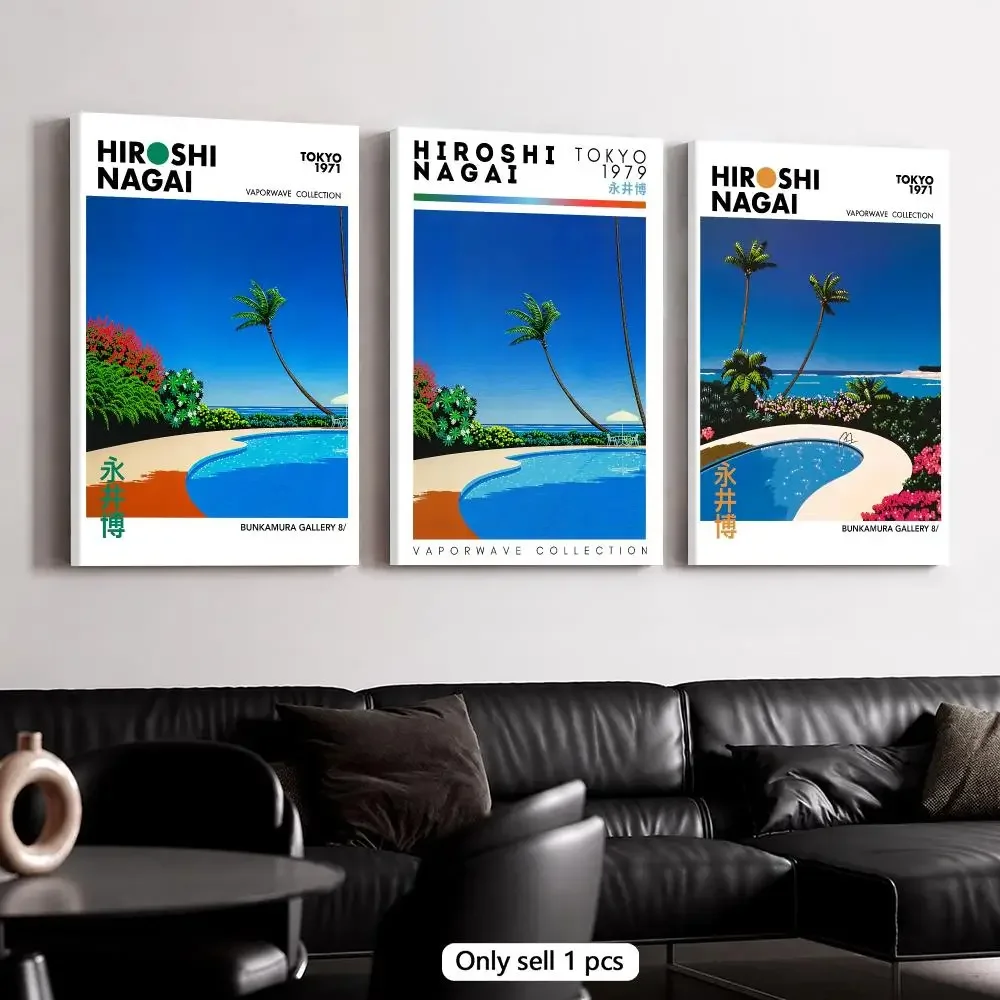 H-Hiroshi Nagai Poolside Paradise Framed Wall Painting Framed Canvas Wall Art Poster Solid Wood Frame Home Decor