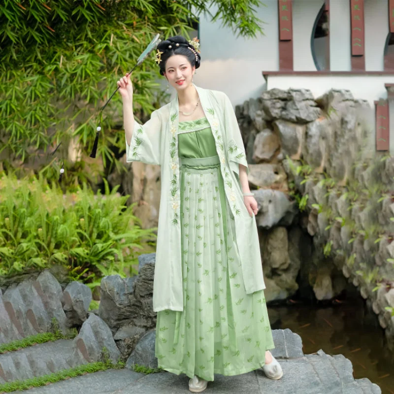 Traditional Chinese Style Clothing Bamboo Leaf Embroidery Long Dress Set Ancient Retro Women Dance Costume Cosplay Stage Outfit