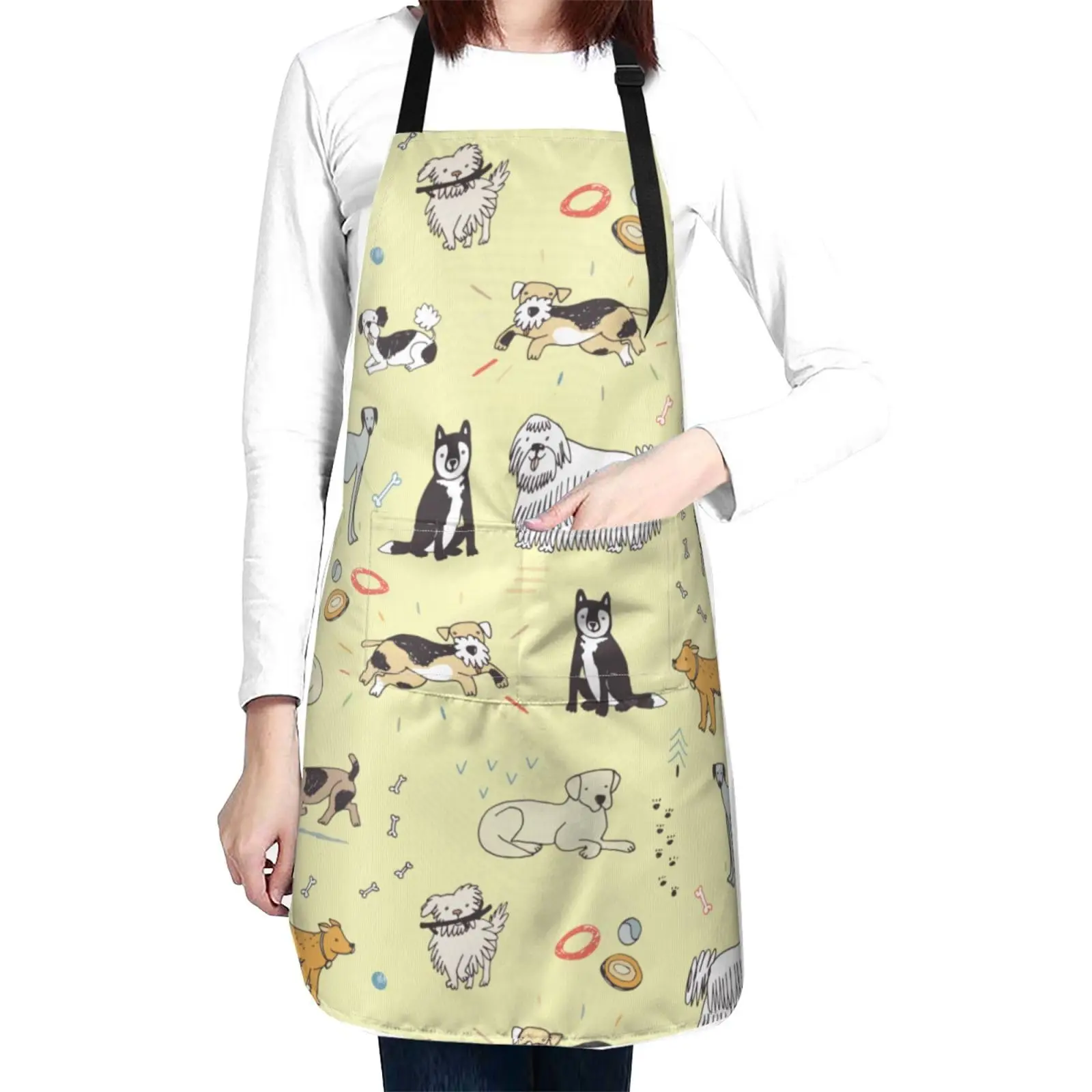 

Cute Dogs Animal （Light Yellow） Waterproof Apron With 2 Pockets Kitchen Chef Aprons Bibs For Cooking Baking Painting Gardening