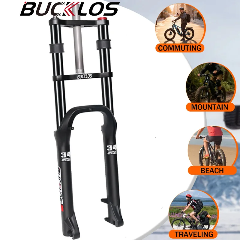

BUCKLOS Bicycle Fat Fork 20/26inch Snow Bike Suspension Fork 4.0 Tire 9*135mm Beach E-Bike Double Shoulder Front Forks MTB Parts