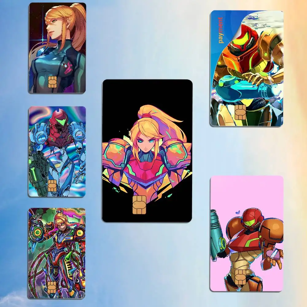 Pegatinas con efecto láser de Myles MacKenzie Samus Aran Metroid, pegatinas impermeables para tarjetas de crédito, Visa, débito, tarjetas bancarias, autobús, metro