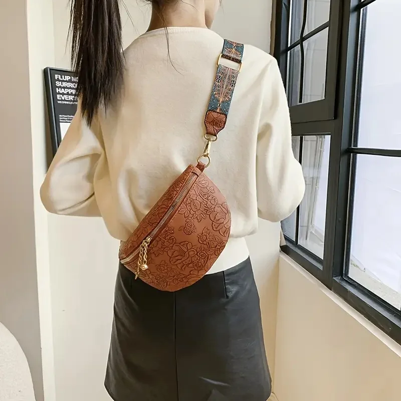 Borsa da petto retrò con motivo floreale in rilievo, borsa a tracolla retrò, borsa a tracolla in stile etnico da donna