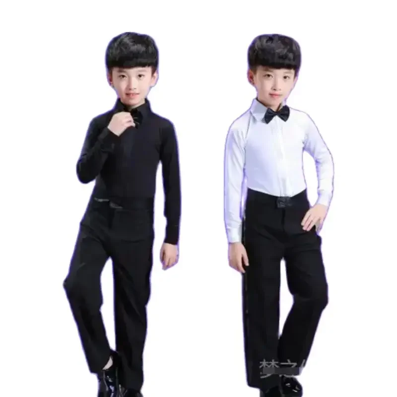 costumes Children Black White Bow top and pant Latin Dance Costume Ballroom Cha Cha Tango Stage Performance