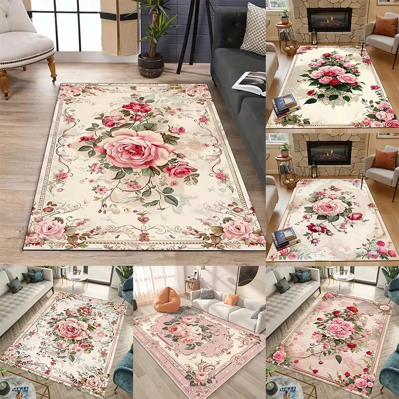 

VIKAMA Vintage Floral Carpet Large Pink Rose Living Room Bedroom Entrance Study American Country Style Vintage Home