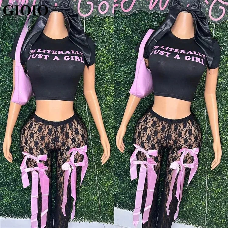 GIOIO Black Two Piece Outfits Women Casual Letter Print Crop Tops and Bowtie Lace Pants Matching 2024 Baddie Outfit Sets