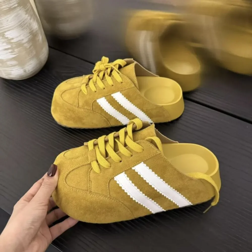 Damen Retro Wildleder Gestreifte Mule-Sneaker, Slip-on Freizeitschuhe, Bequeme Dicksohlen-Fußbekleidung für Streetstyle – Detail 2