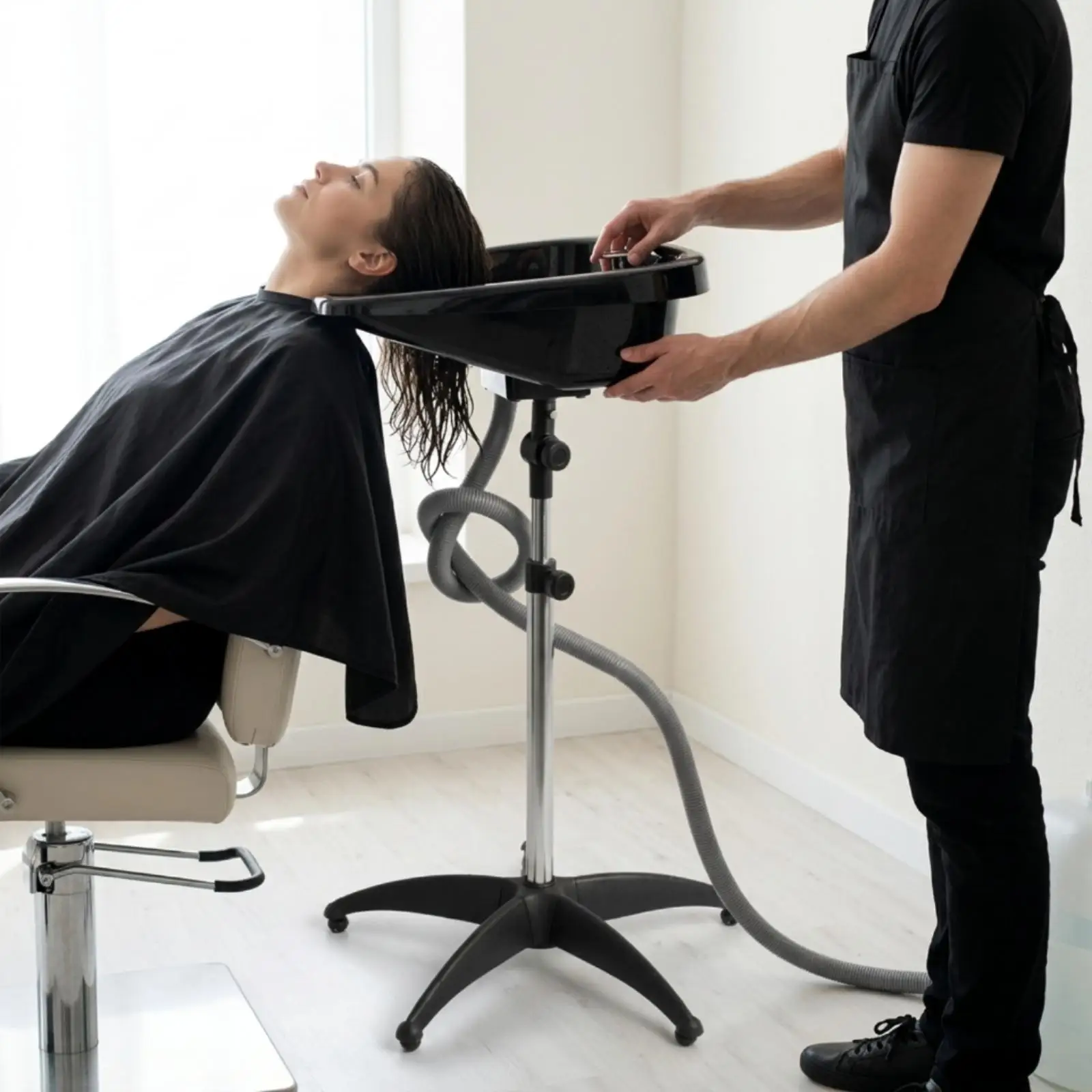 Portable Hair Basin Stand Adjustable Salon Shampoo Bowl with Ergonomic Neck Rest for Hairdressing Sink Mobile Wash Station