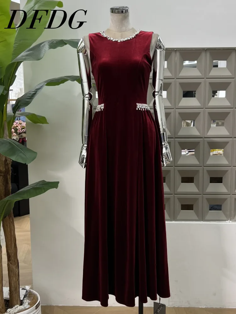 

DFDG Women’s Lightweight Velvet Dress Elegant Sleeveless Backless Maxi Waist Designer Cocktail Party 2025 Spring Summer dress