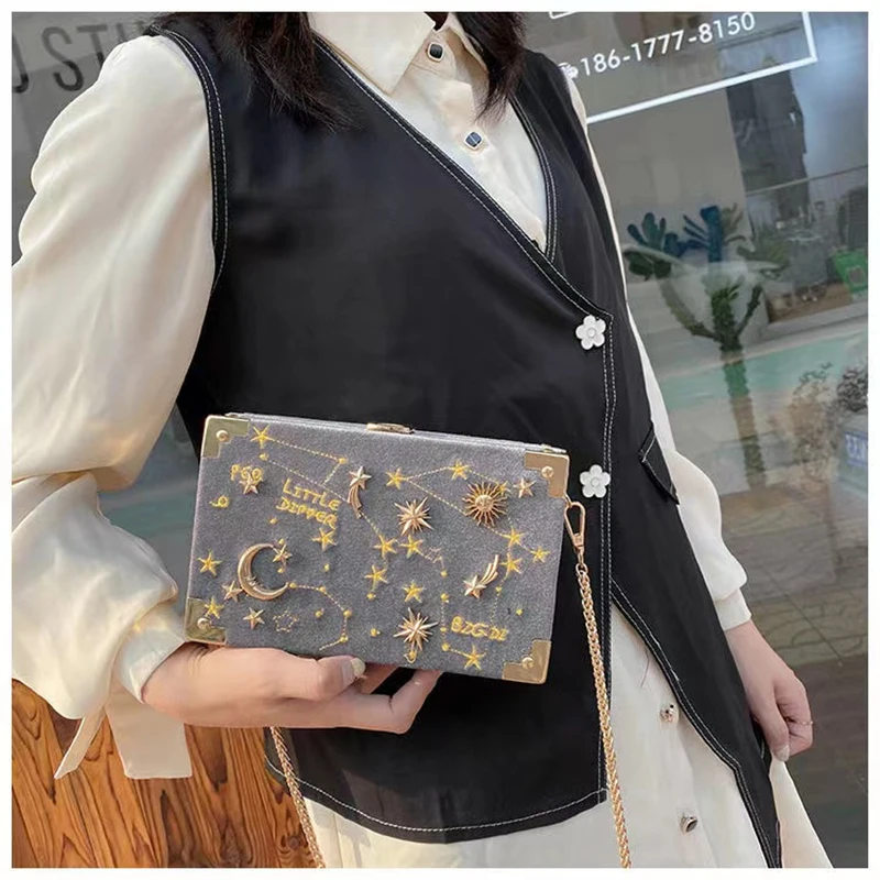 2022 Square Metal Badge Box Shape Handbag Purse Women Black Chain Party Clutch Bag Kawaii Shoulder Bag Crossbody Messenger Bag