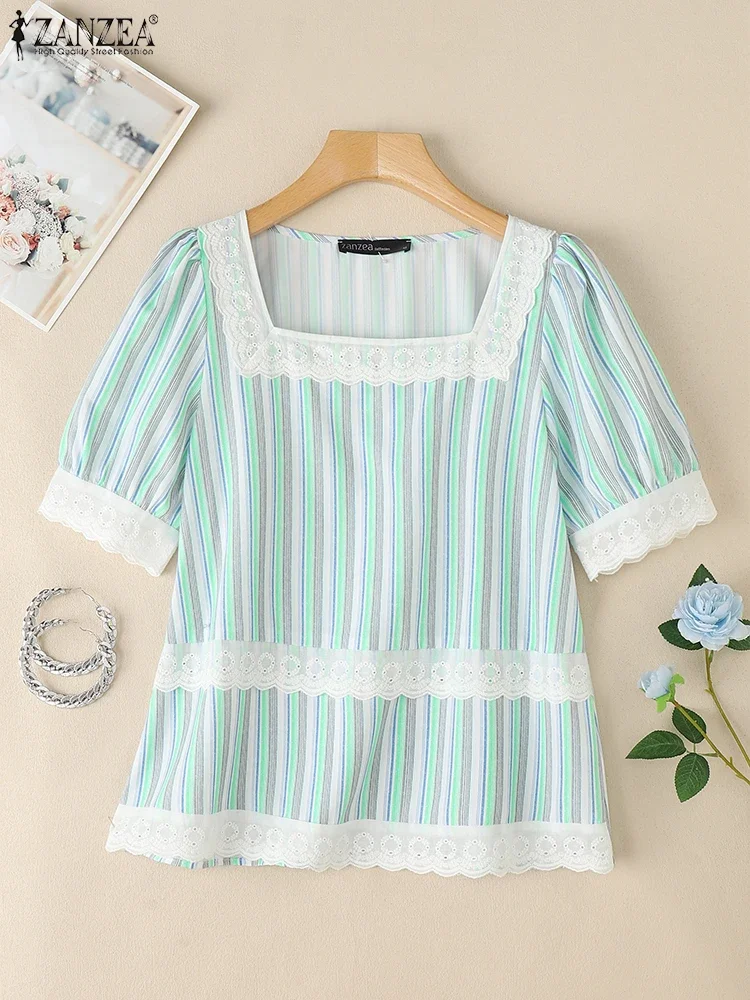 ZANZEA, Blusas a rayas para Mujer, moda elegante de encaje con retazos, cuello cuadrado, manga abombada, Blusas para Mujer, ropa de día, Tops tipo bata de verano