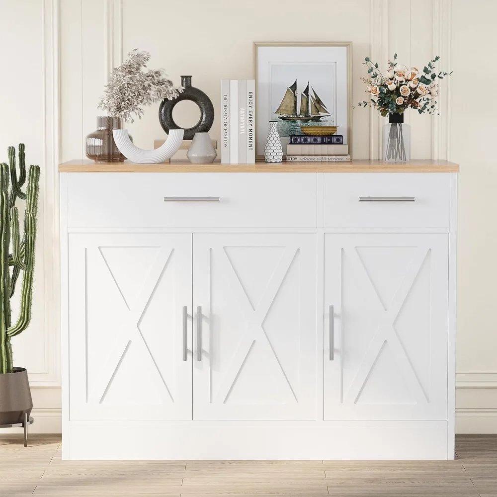 Modern Farmhouse Style Buffet Cabinet with 3 Doors and 42 Barn Doors Storage