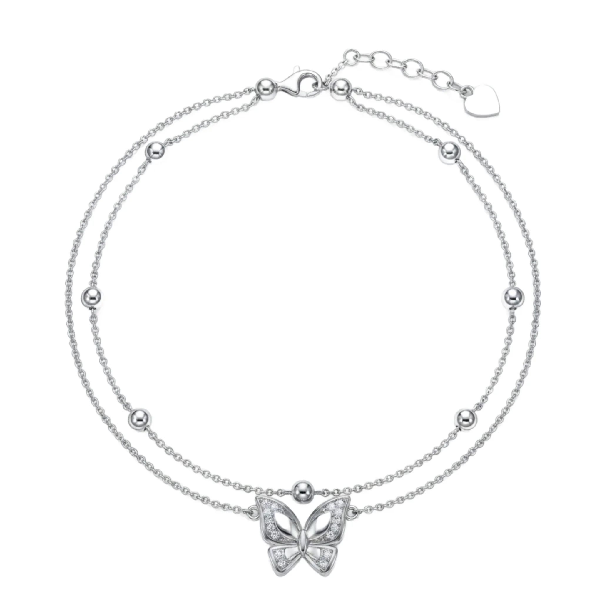S925 Sterling Silver Double Layer Butterfly Bracelet 18K White Gold Plated Micro Inlay Moissanite Thin Bead Adjustable Wrist Jew