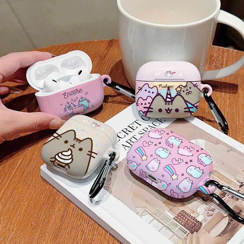 Cute Funny Cartoon Cat P-Pusheens Shockproof Glossy HD Hard PC Earphone Cover Case For AirPods 1 2 3 4 Pro Pro2 with Metal Hook