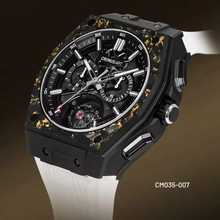 CRONUSART Men Tourbillon Watch 44mm Automatic Mechanical Wristwatch Titanium Case Luminous Sapphire Mirror Waterproof FKM Strap