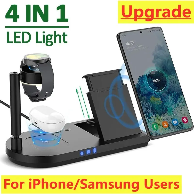 4 In 1 Wireless Charger Stand Night Light Fast Charging Station Dock for iPhone 15 14 13 12 Samsung S22 S21 Apple Watch Airpods