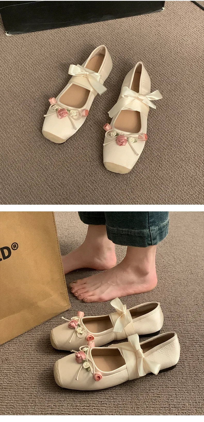 Designer-Kreuzriemen-Damenschuhe im Mary-Jane-Stil, modische Schuhe mit eckiger Zehenpartie und Schleifenverzierung, bequeme Damen-Ballerinas. – Detail 16