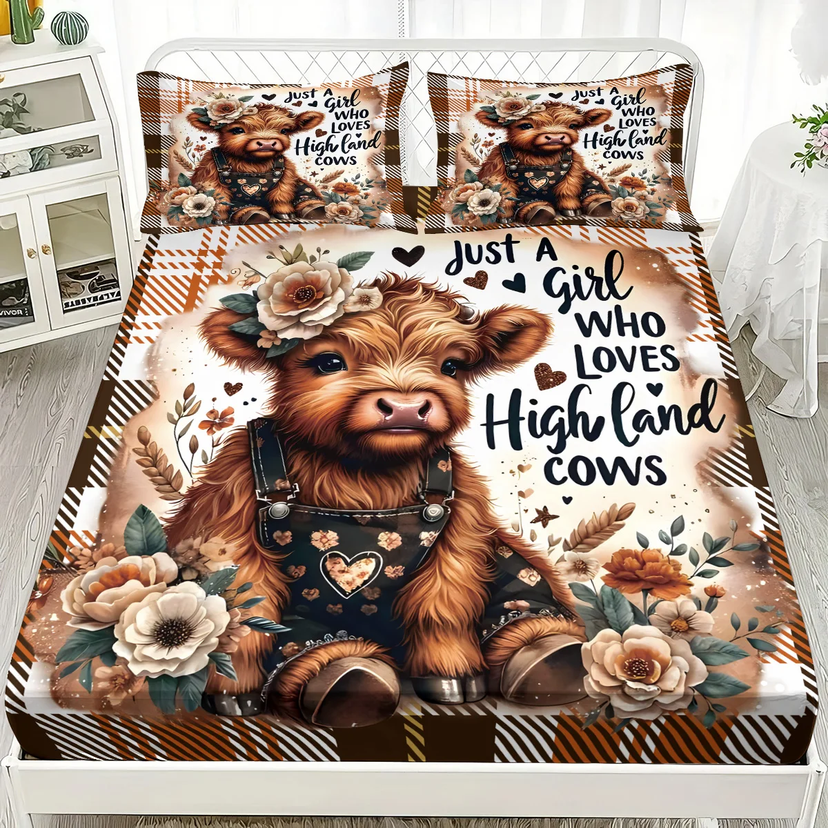 3pcs Cartoon Highland Cow Print Coreless Bed Sheet Set Multi Size Bedcover Bedroom Dormitory Bedding Decoration Machine Washable