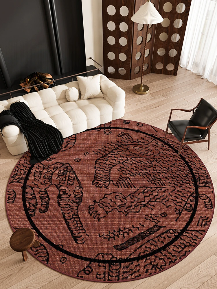Retro Chinese Style Dark Red Round Carpets Living Room Tiger Pattern American Sofa Area Chair Non-Slip Floor Mat Bedroom Rugs
