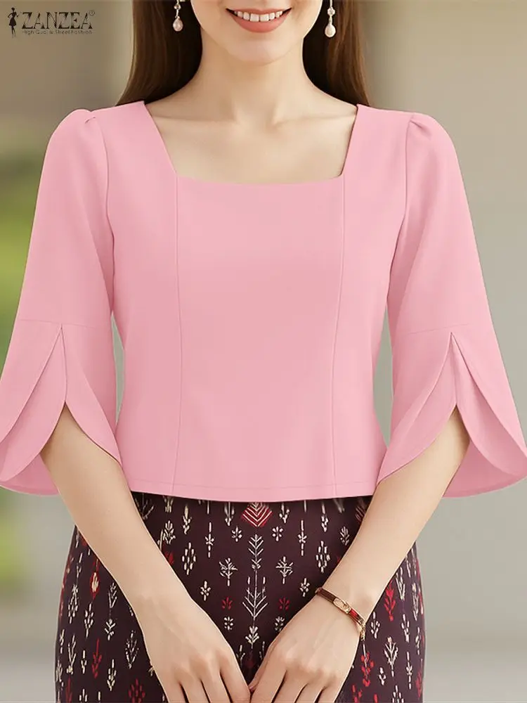 

ZANZEA Офисные женские блузки 2021, летняя рабочая рубашка с квадратным вырезом и рукавами 3/4, элегантная однотонная облегающая туника, топы, стильные Mujer Femme