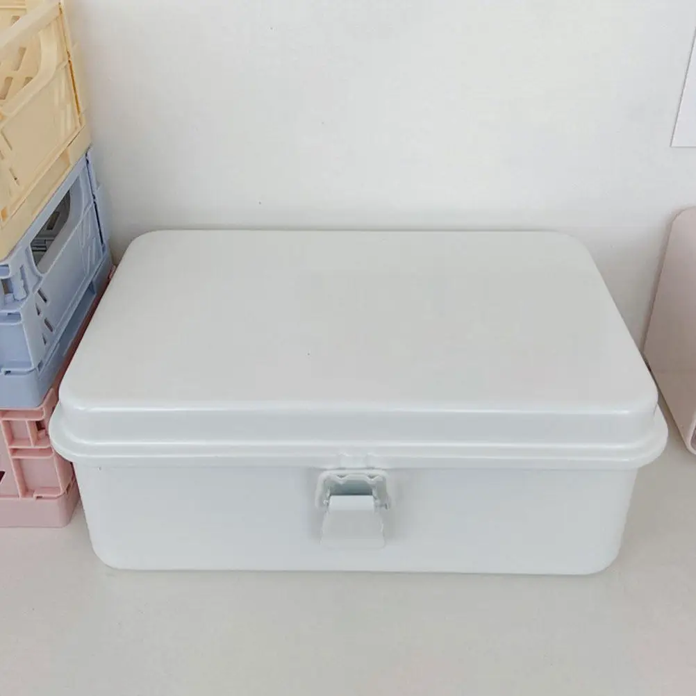 Vintage White Metal Tool Box Lockable Toolbox Cold Rolled Steel Large Storage Organizer Reusable Metal Storage Box Desktop