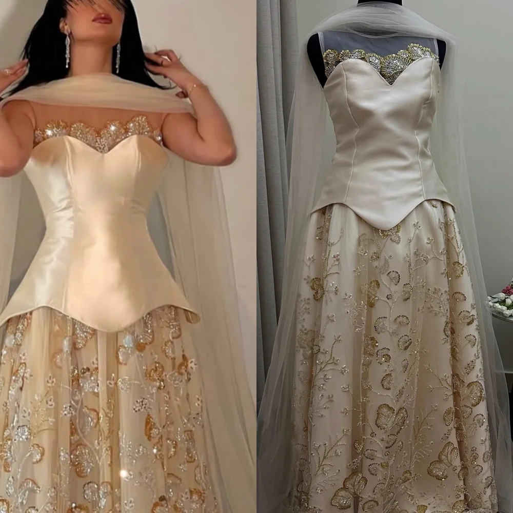

Customized Classic Champagne Satin Evening Dress Exquisite Strapless Sleeveless Homecoming Dresses Modern Vestido De Festa