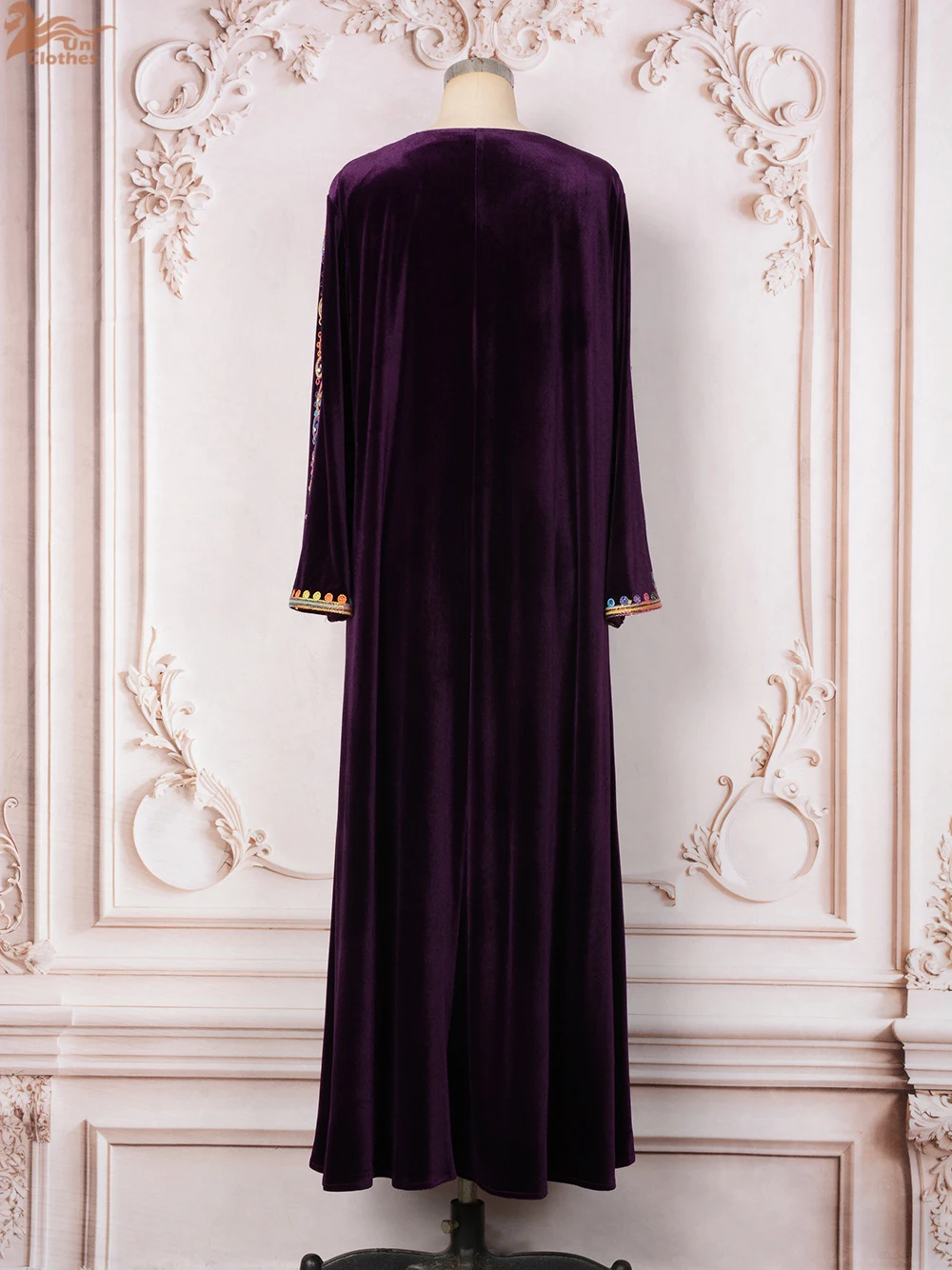 Uni Fashion Solid Muslimischen Kleid Frauen Stickerei Casual Samt Abaya Marocain Türkische Robe Femme Langarm Maxi Vestidos