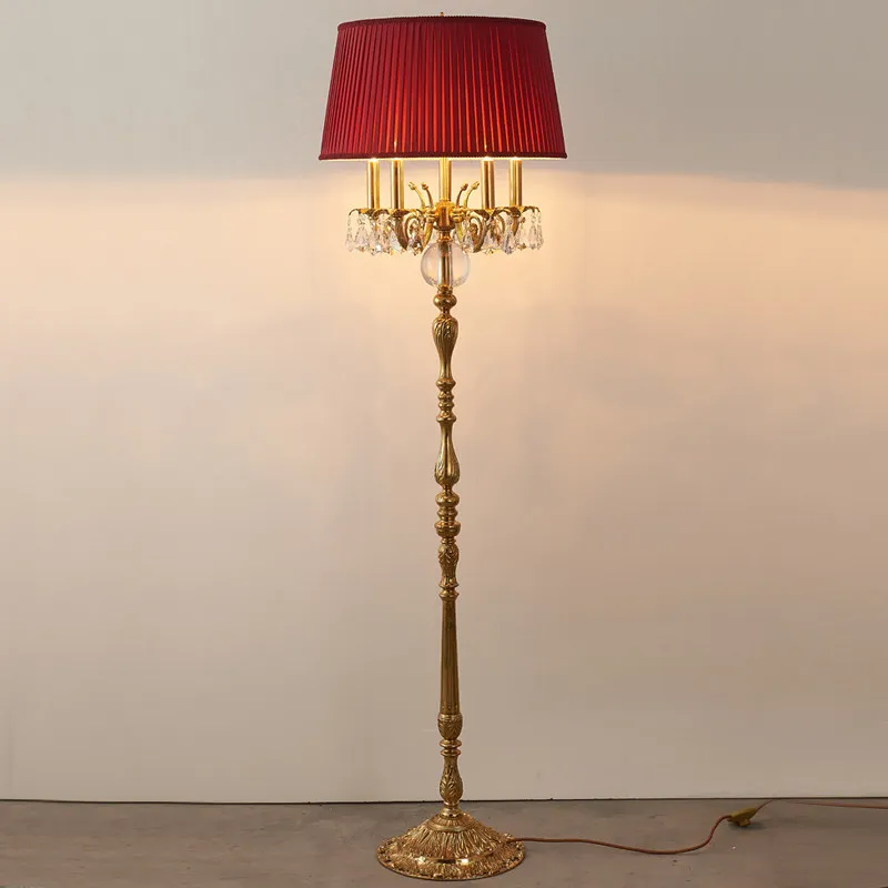 

French floor lamp European retro atmospheric villa high-end club living room lamp bedroom lamp crystal all copper floor lamp