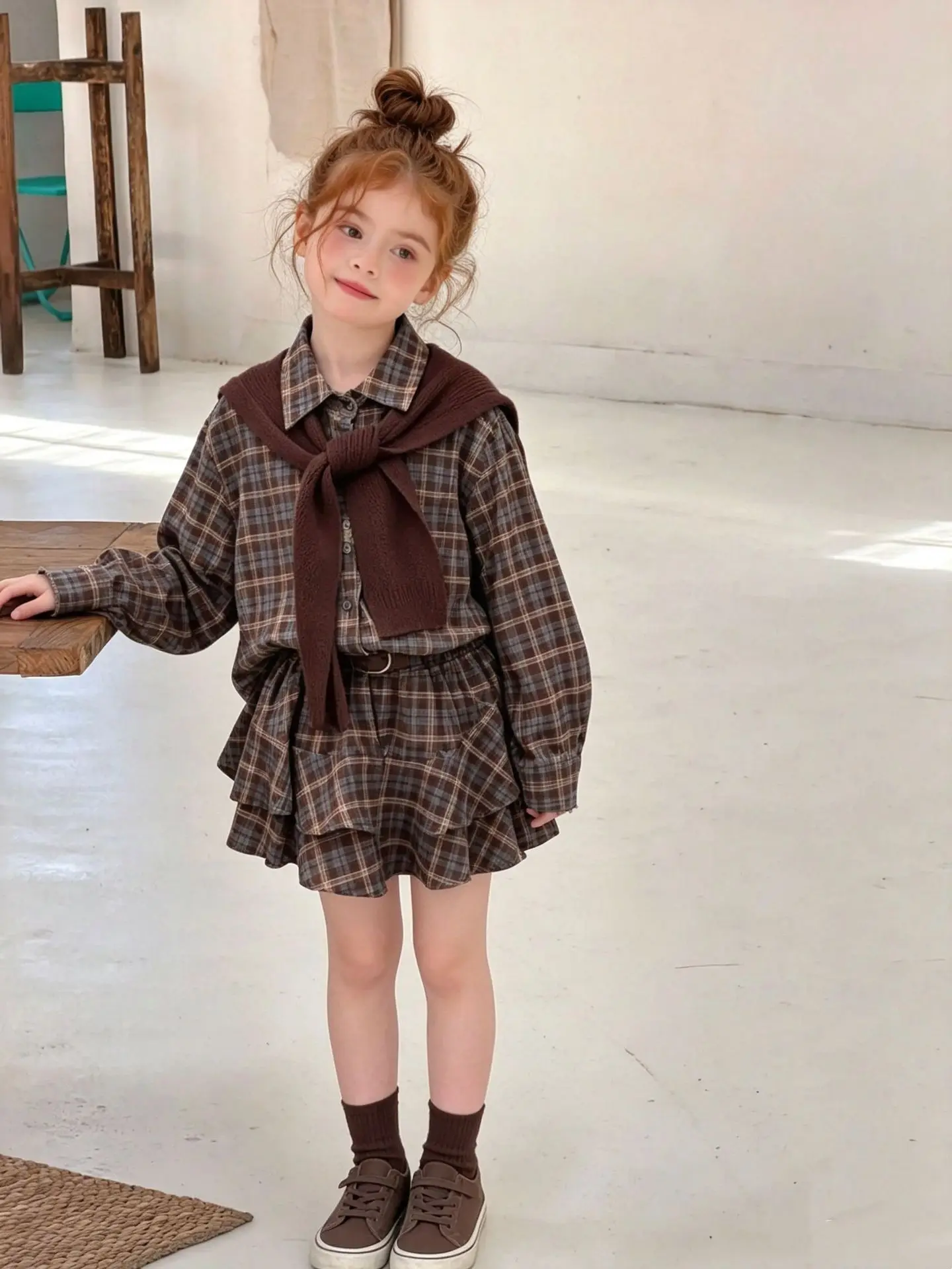 Girls' Retro British Style Patterned Dress Autumn Trendy New Korean Shawl Shirt Skirt Three Piece Set for Children 5
