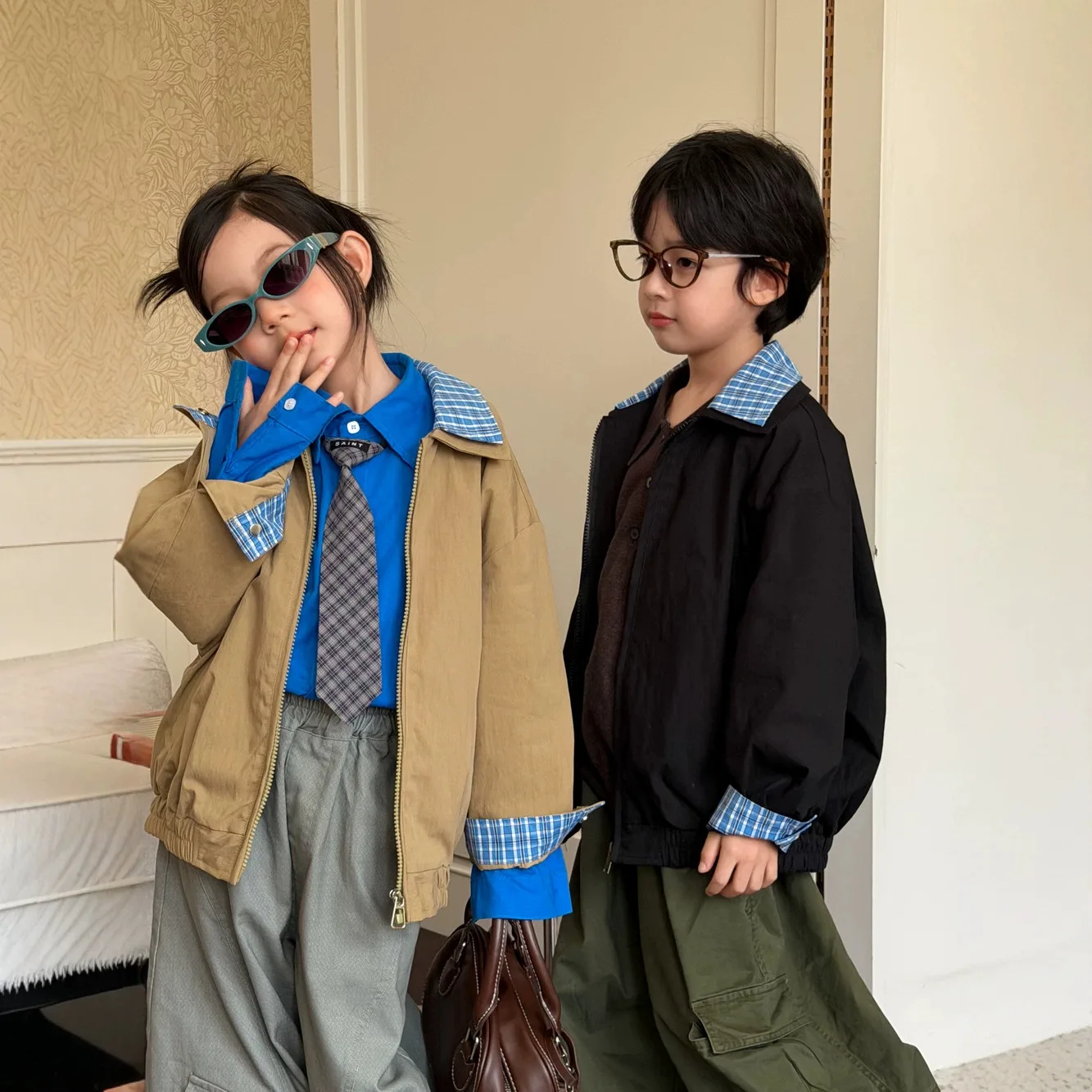 2026 Kids Autumn New Jacket 2026 Fall Boys Girls Korean Fake Two Layer Plaid Patchwork Jacket Kids Zip Top