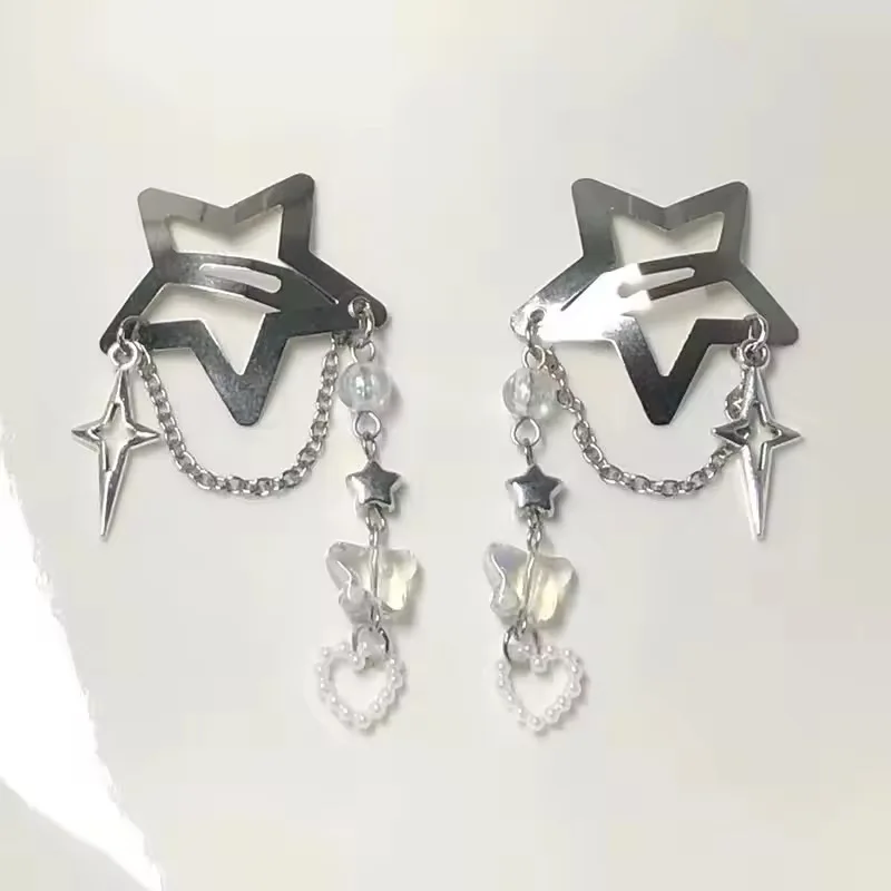 

2pcs Korea New Fashion Five-pointed Star Tassel Side Hair Clip Female Creative Handmade Sweet Girl Hair Y2k Butterfly Hairpin