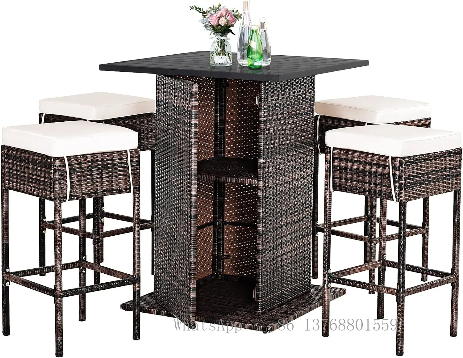 5 Piece Outdoor Rattan Bar Set, Patio Bar Furniture With 4 Cushions Stools And Smooth Top Table With Hidden Storage Shelf