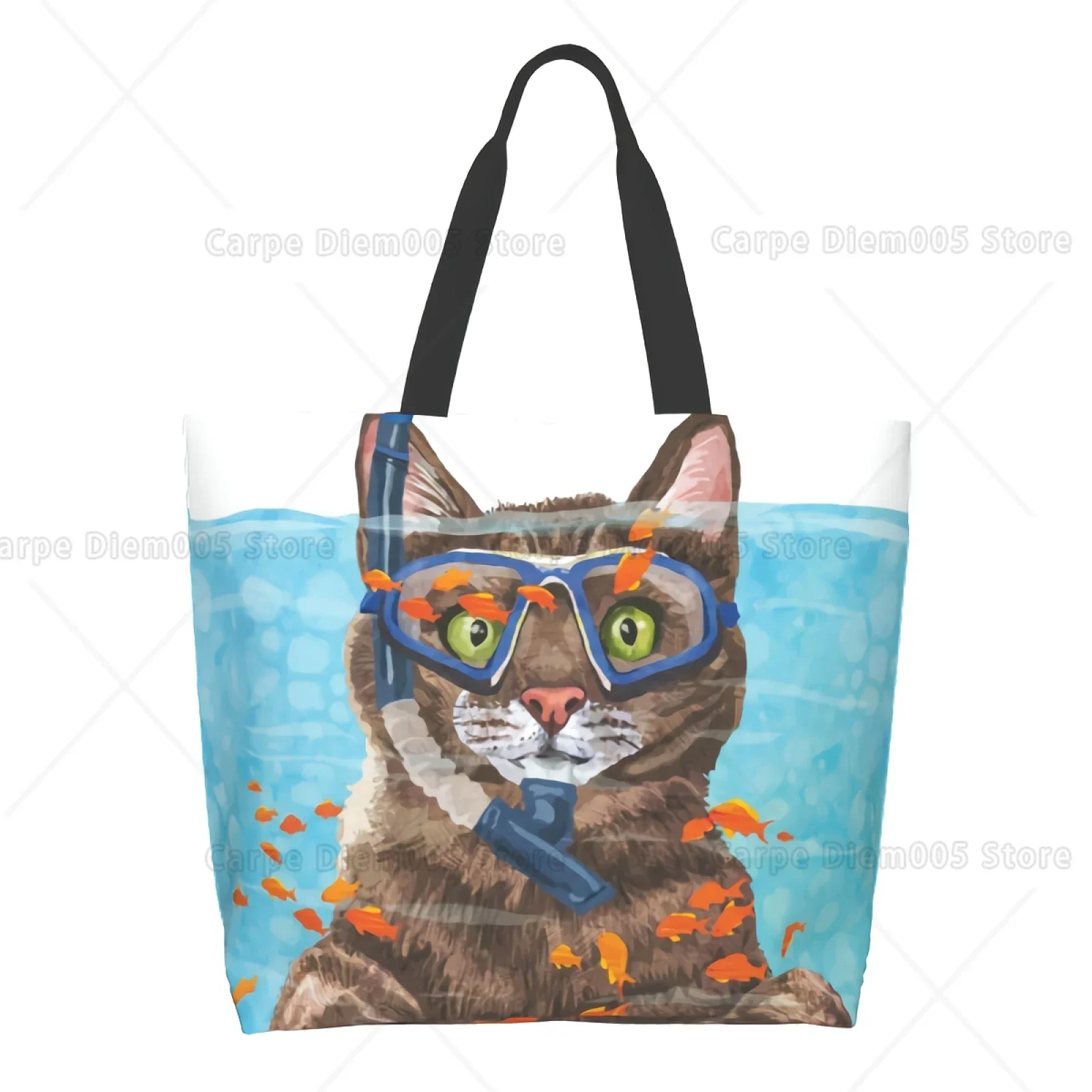 

Funny Diving Cats Shopping Bag Reusable Cat Fish Tote Bag Watercolor Animal Shoulder Bag Casual Lightweight Large Capacity