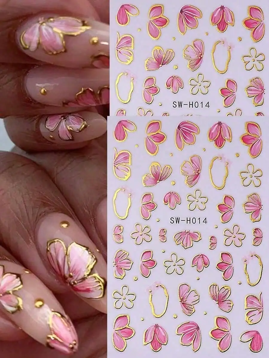 2 PCS Pink Flower Petal 3D Nail Stickers Elegant Flower Gold Edge Line Geometry Designs Nail Art Decals For Acrylic Nails DIY Spring Self-Adhesive Manicure Decoration Supplies-Halloween,Christmas,Fall,Winter, Supplies, ME79