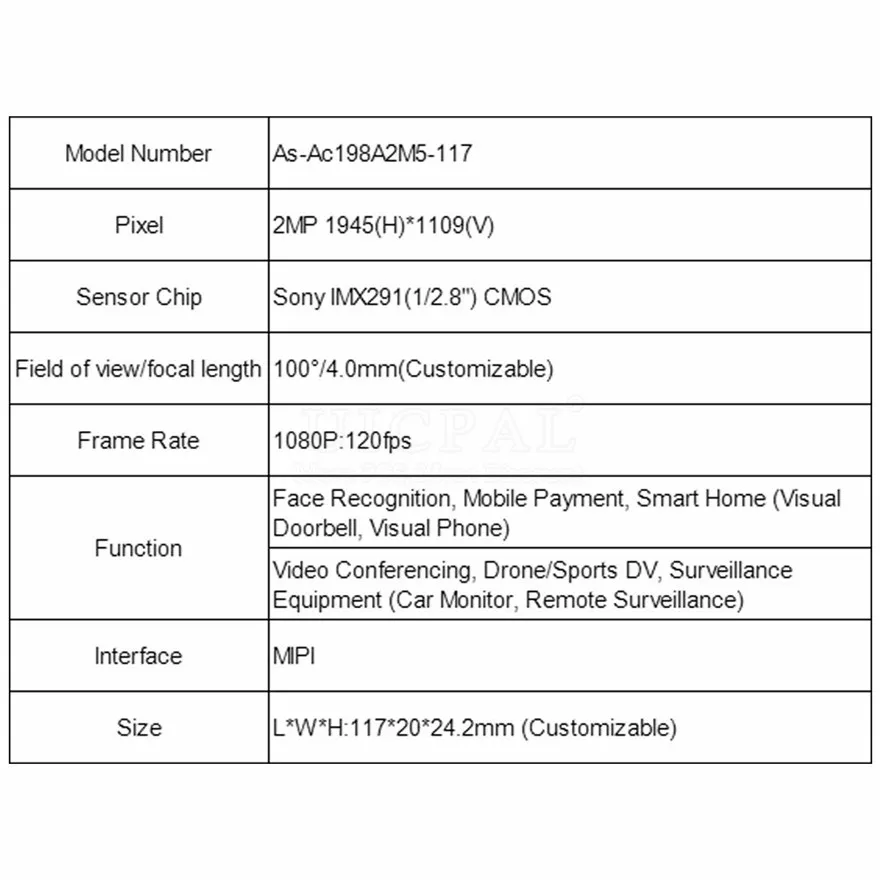 Camera Module IMX291 2MP 120FPS 1080P 1920*1080 Wide Dynamic Night Vision Mipi 30Pin 100 Degrees Adjustable 117MM Length