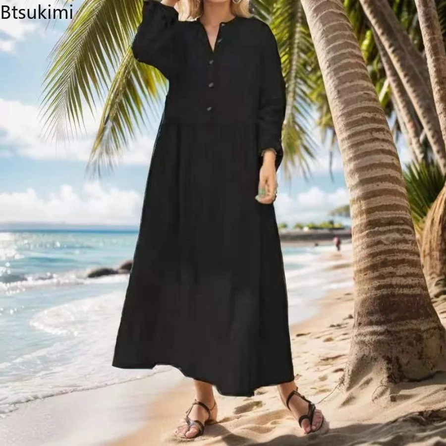 Women\'s Cotton Linen Dress Soft Comfy Maxi Dress Fashion V-neck Casual Solid Robe Women Summer Breathable Beach Holiday Vestidos