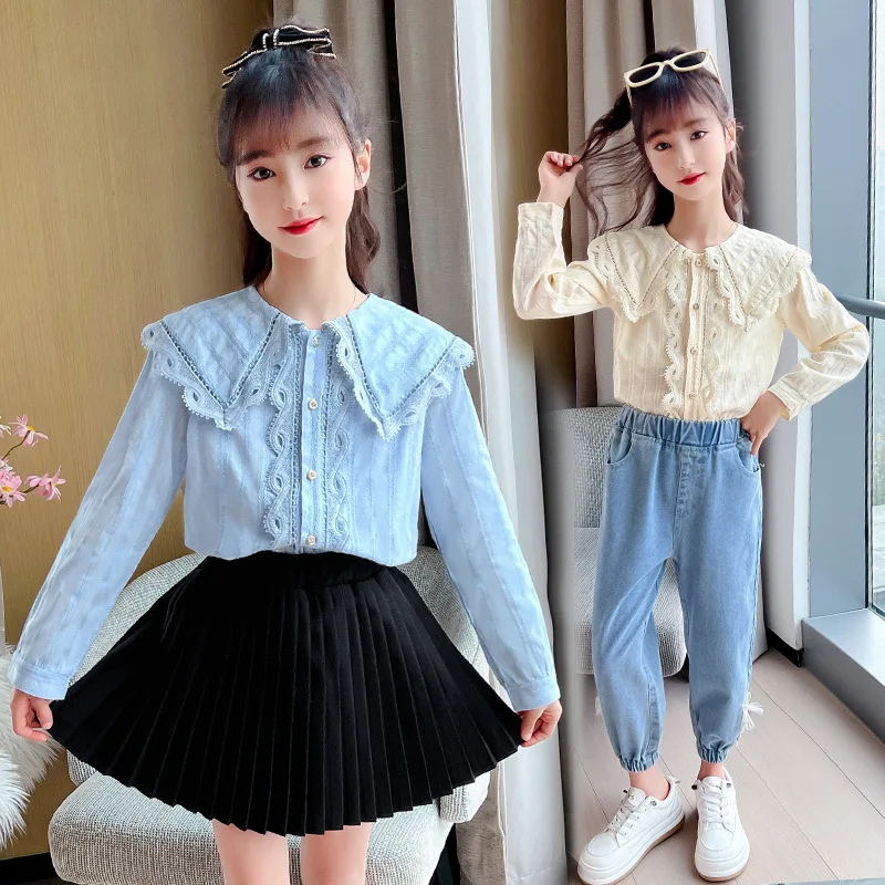 New Girls Blue Beige Blouse Fall Cute Long Sleeves Children Cotton Shirts Girl Blouses Teenager School Clothes Kids Tops 6 8 10Y