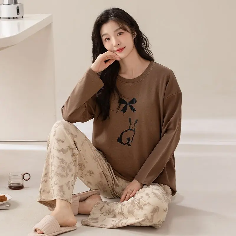 

2025 Spring Long Sleeve 100% Cotton Pajama Set for Women Korean Cute Cartoon Sleepwear Pyjama Pijama Mujer Homewear Home Clothes