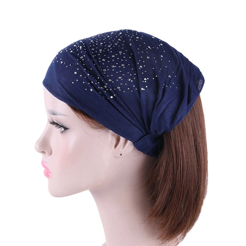 

Wide Headscarf Chemo Headwear Beanie Sparkly Jersey Bandana with Rhinestones Hair Loss